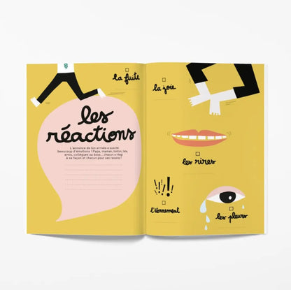 Livre ouvert 9 Mois À Attendre, couverture jaune, illustrations expressions faciales, idée cadeau souvenir précieux