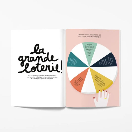 Livre ouvert La Grande Loterie avec roue colorée, main illustrée, idée cadeau pour 9 Mois À Attendre