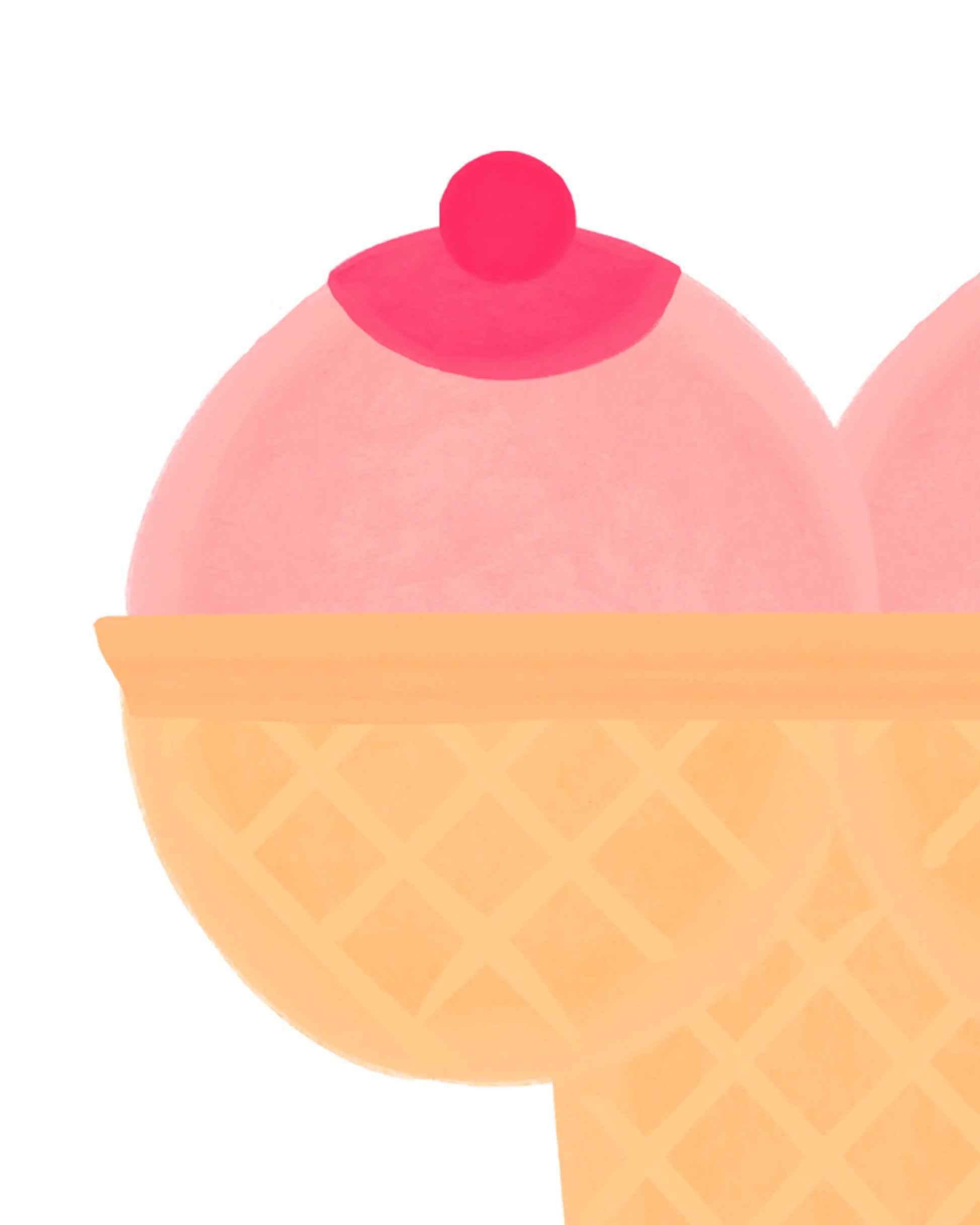 Cône glace aux boules roses, cerise, art boobs papier satiné A3