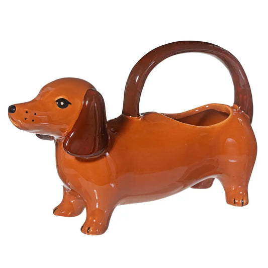 Arrosoir teckel en céramique glossy marron avec poignée en queue, touche originale et design ludique