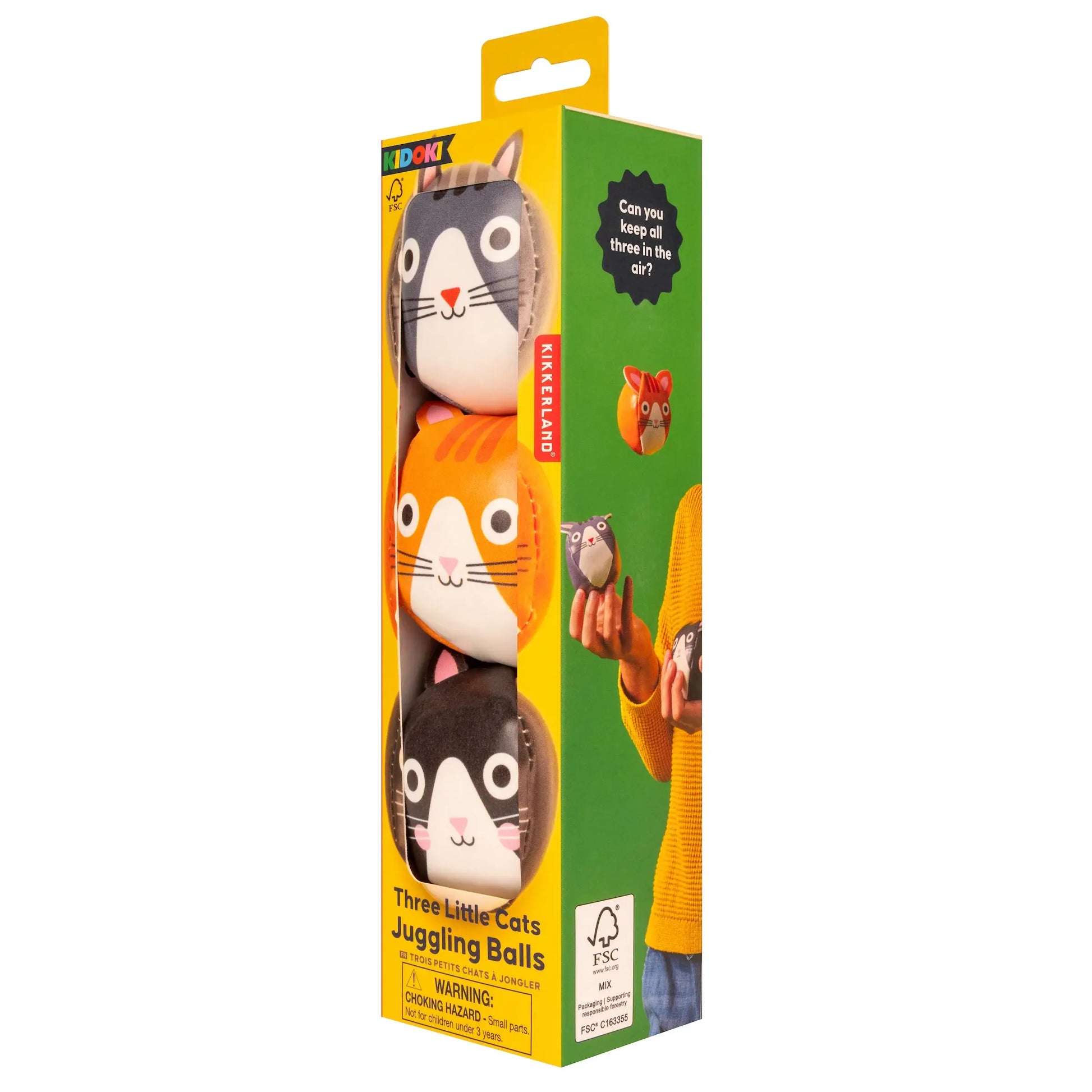Trois chats jonglant avec balles Kidoki, simplicité d’utilisation