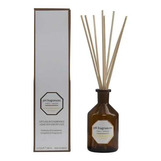 Diffuseur d’ambiance Batons À parfum Neroli dans bouteille en verre brun avec packaging blanc et marron