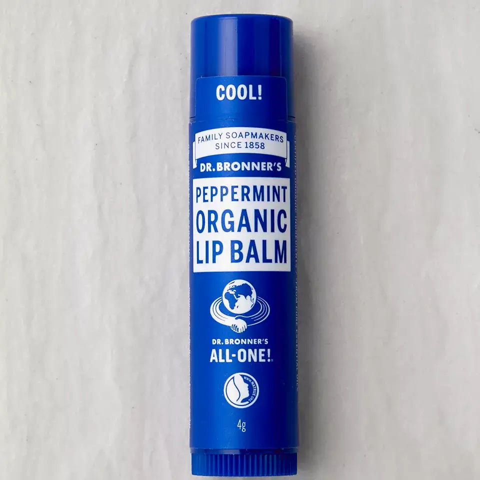 Baume à lèvres Menthe poivrée avec cire d’abeille, Dr. Bronner’s en tube bleu