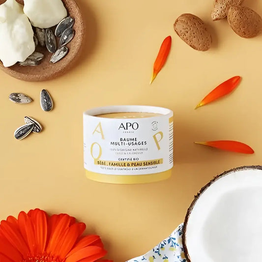 Baume multi-usage en cylindre blanc et jaune avec calendula bio réparateur