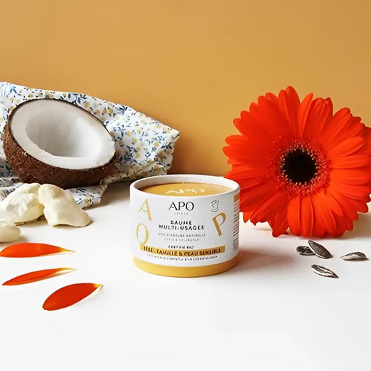 Baume multi-usage Apo Paris en boîte blanche et or, calendula bio réparateur