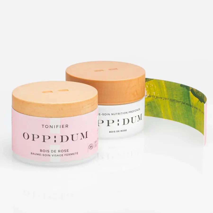 Deux pots Oppidum Baume Soin Nutrition Au Bois De Rose, rose pour toning et blanc pour nutrition profonde bois