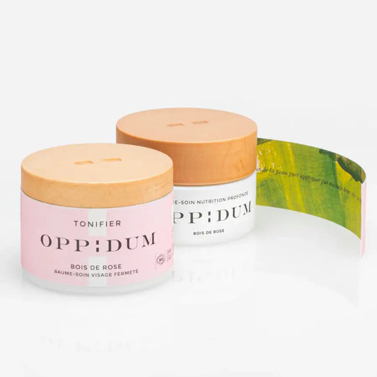 Jars de Oppidum avec bois de rose, baume soin nutrition profonde et soin nutrition profonde bois