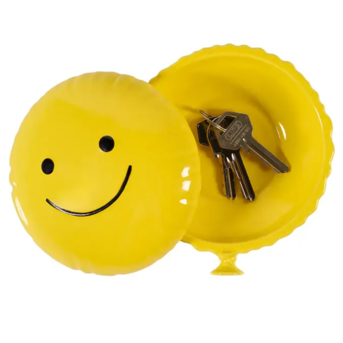 Boîte à bijoux joyeux en forme de clé smiley jaune pour une bonne humeur au quotidien