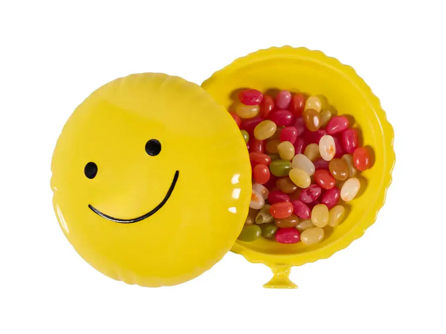 Boîte à bijoux Ballon Joyeux jaune souriant pleine de petits trésors colorés
