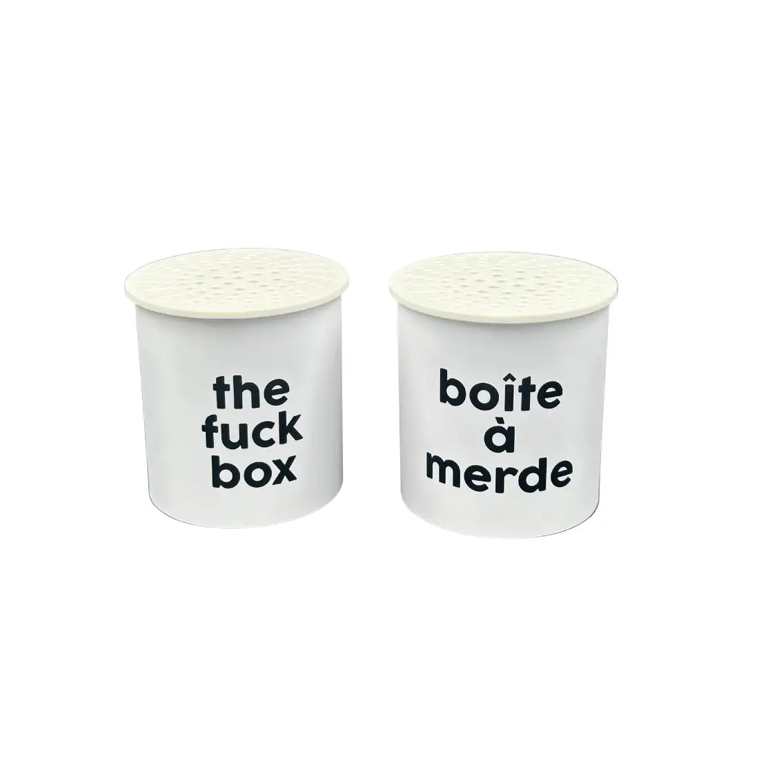 Boîte sonore drôle avec gros mots humoristiques: sel et poivre ’the fuck box’ et ’boîte à merde