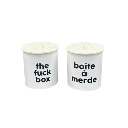 Boîte sonore drôle avec gros mots humoristiques: sel et poivre ’the fuck box’ et ’boîte à merde