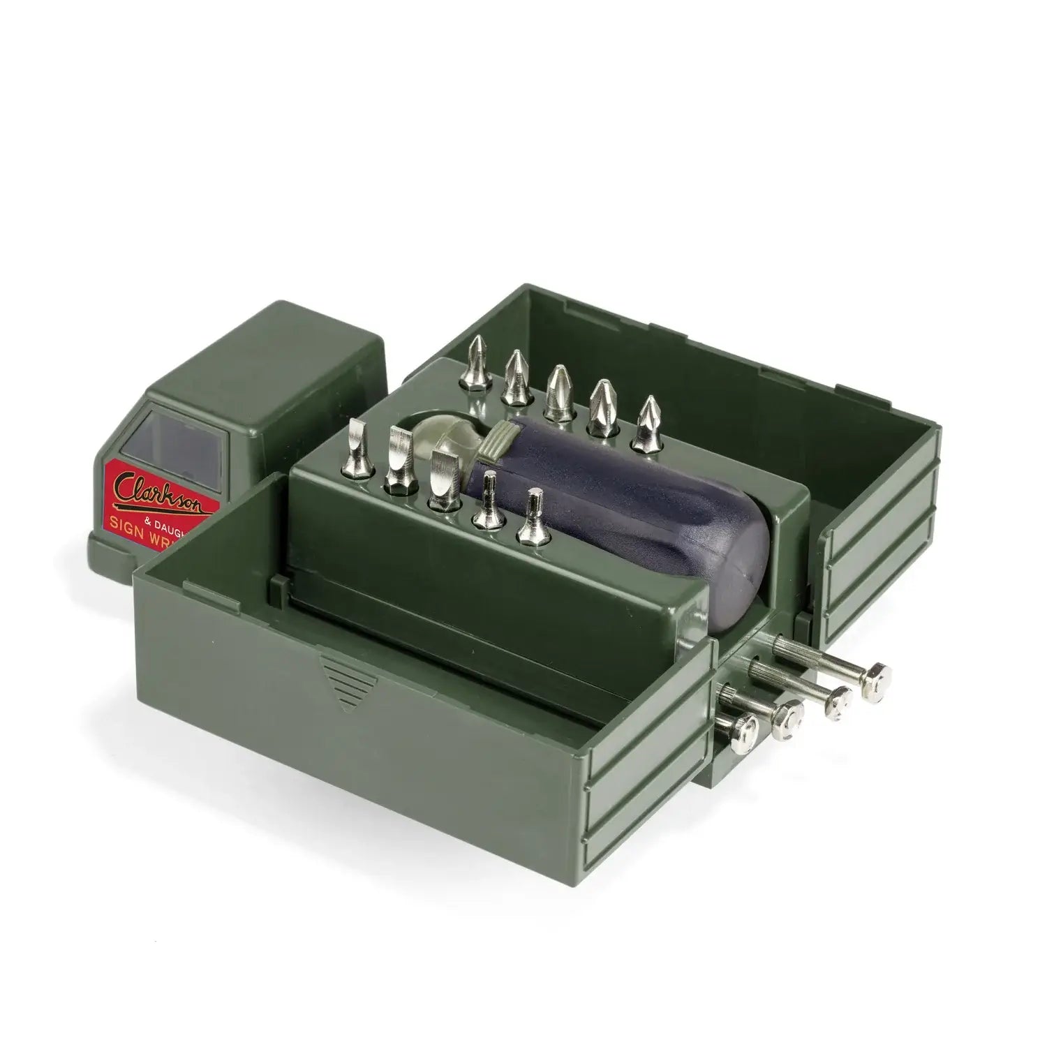 Boîte à outil camion olive en plastique, tournevis violet, bits métalliques, prêt à réparer