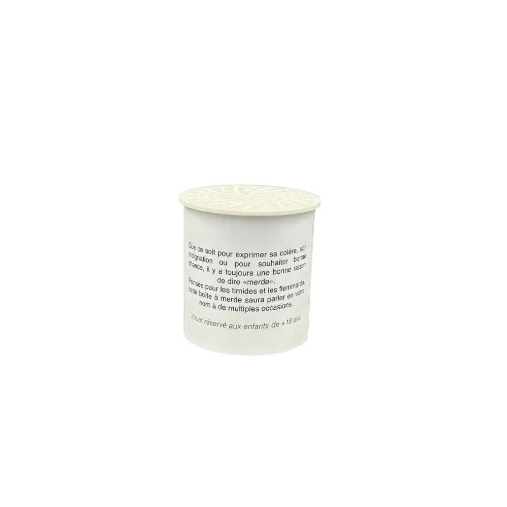 Contenant cylindrique blanc avec un couvercle clair contenant un objet rigolo de Boite à son merde