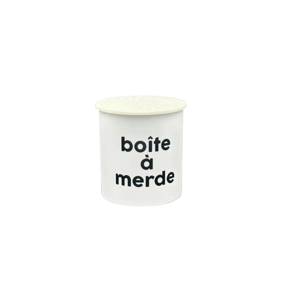Contenant cylindrique blanc avec un couvercle clair pour Boite à son merde