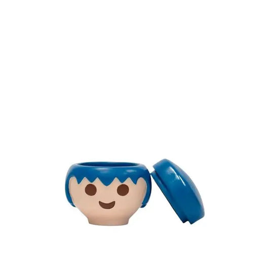 Tête Playmobil bleu souriante avec cheveux ondulés courts