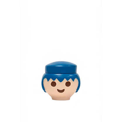 Tête Playmobil bleu souriante avec cheveux ondulés dans boîte décorative pratique et esthétique