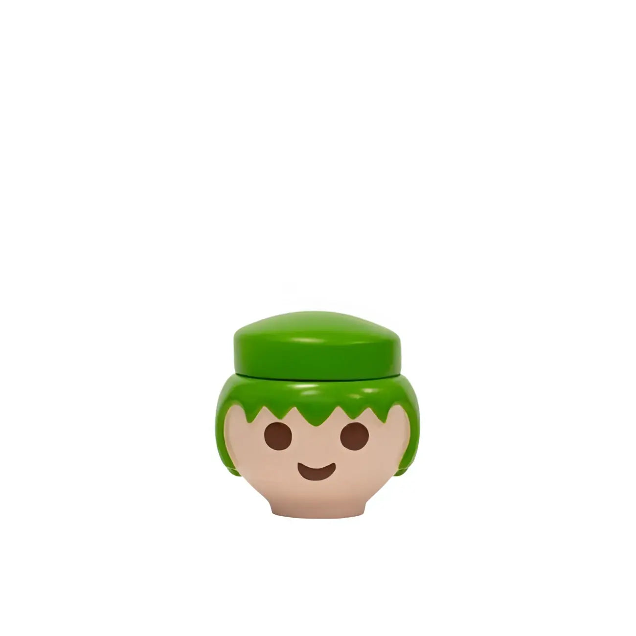 Tête figurine Playmobil style clin d’œil boîte verte design ludique