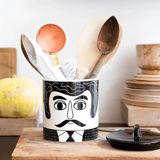 Boîte rangement Carlos : visage homme stylisé en céramique noir et blanc