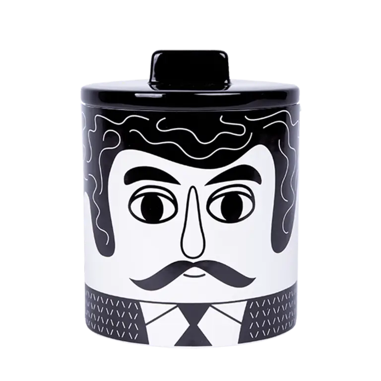 Boîte rangement Carlos : pot céramique noir et blanc portrait homme bouclé moustache nœud papillon