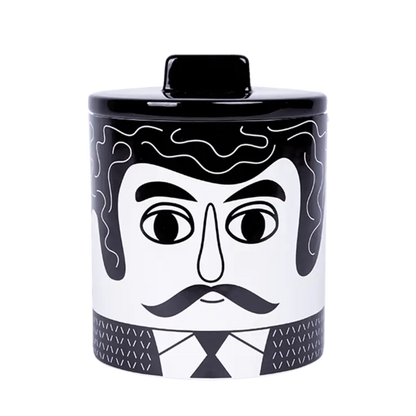 Boîte rangement Carlos : pot céramique noir et blanc portrait homme bouclé moustache nœud papillon
