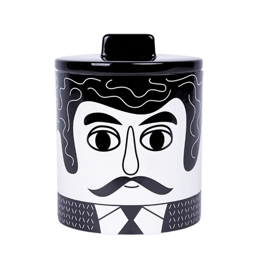 Boîte rangement Carlos : pot céramique noir et blanc portrait homme bouclé moustache nœud papillon