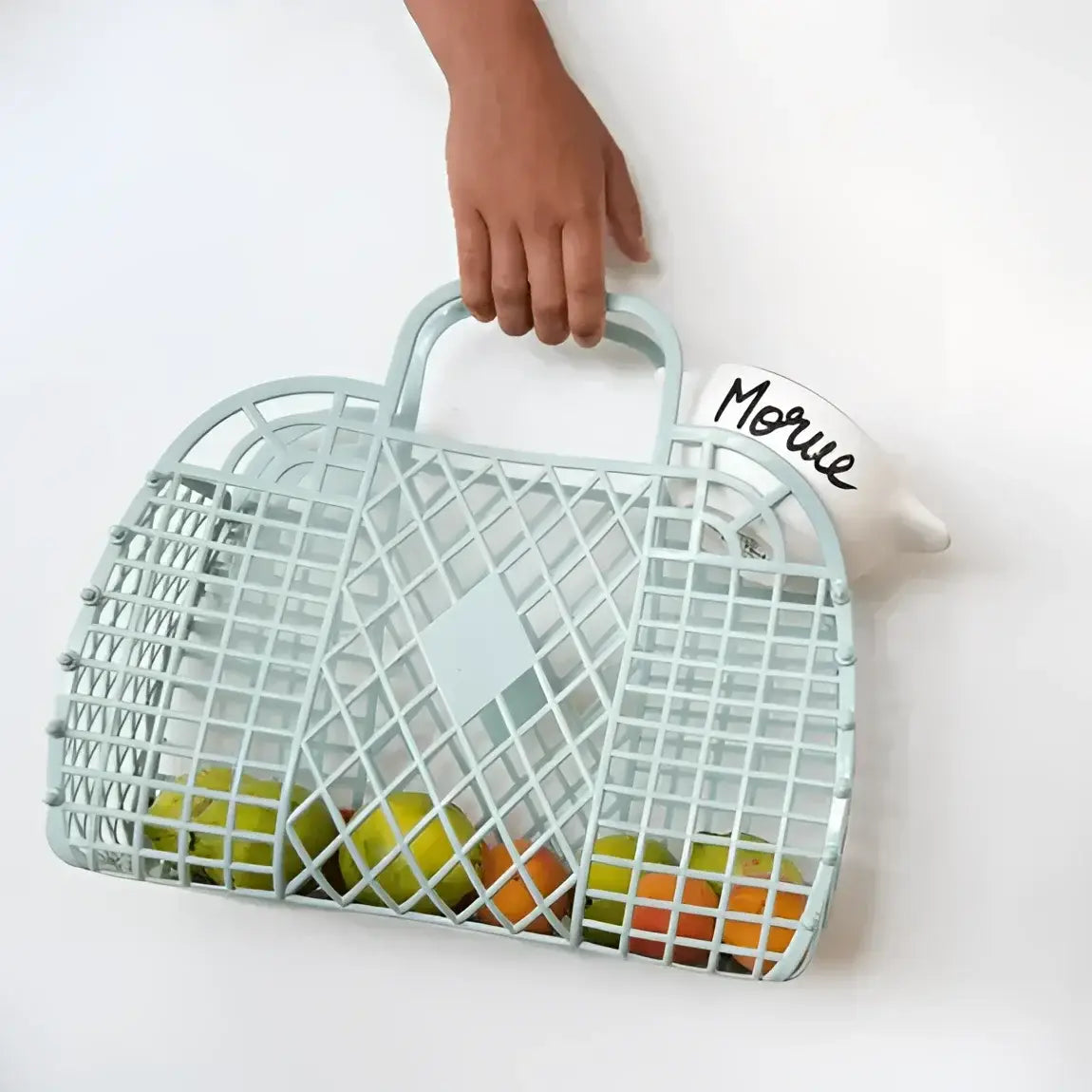 Sac Bol Breton Morue en filet plastique bleu clair avec fruits, bol breton revisité artisanal