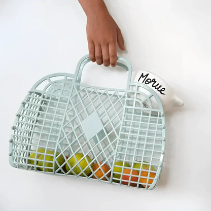 Sac Bol Breton Morue en filet plastique bleu clair avec fruits, bol breton revisité artisanal