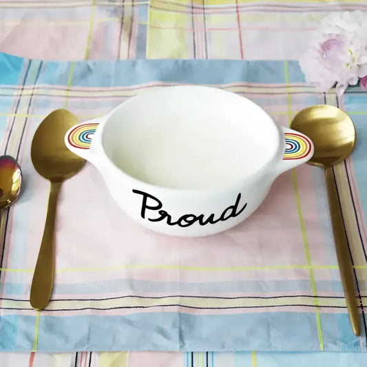 Bol breton revisité en céramique blanche avec poignées arc-en-ciel pour un style aux couleurs