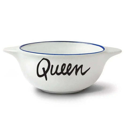 Bol breton queen en céramique blanche, bord bleu, écriture queen, anses latérales, design unique