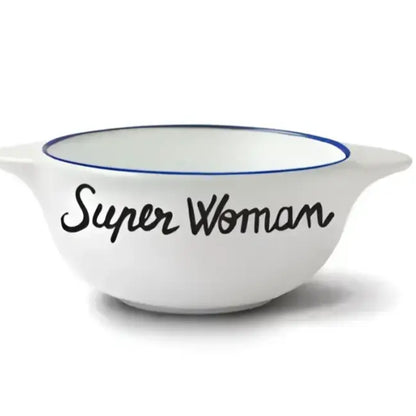 Bol Breton revisité en céramique blanche avec bord bleu et super woman en noir