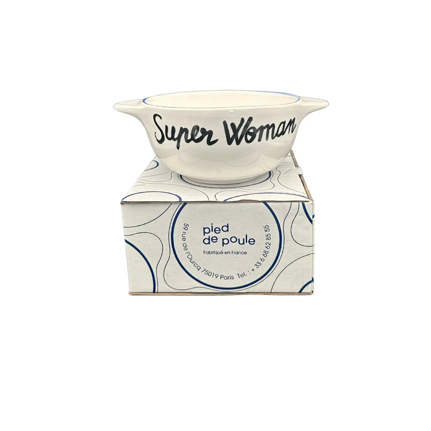 Bol Breton Super Woman en céramique blanche avec anses et verseuse