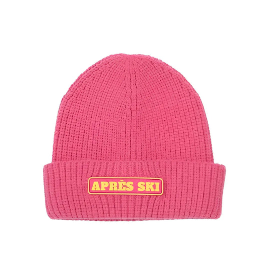 Bonnet après ski rose tricoté avec patch orange, esprit montagnard