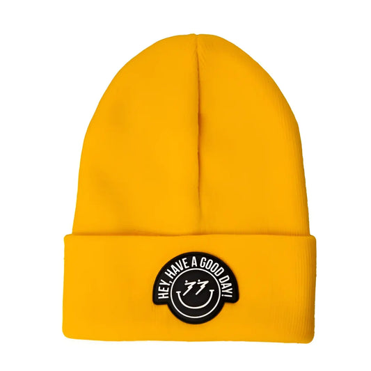 Bonnet jaune éclatant avec message positif et sourire pour bonne humeur