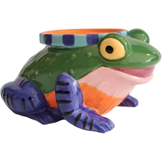 Bougeoir grenouille pilier en céramique colorée, grenouille verte glossy avec accents violets