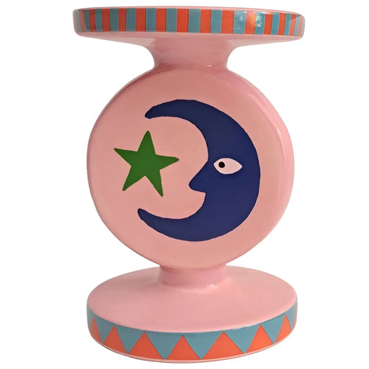 Porte-bougie Bougeoire La Luna rose céramique lune bleue étoile verte ambiance chaleureuse
