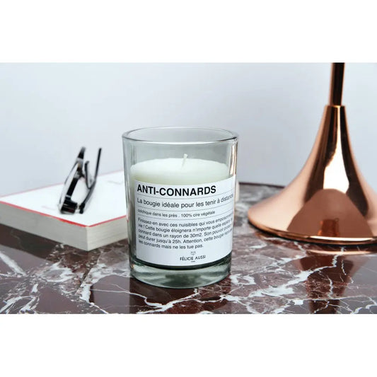 Bougie anti-connards en cire végétale blanche, sans parfum subtil, dans verre clair