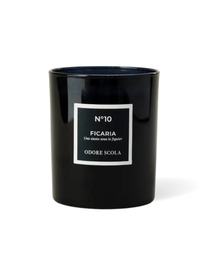 Bougie Ficaria n°10 : pot céramique noir avec étiquette Odore Scola pour expérience sensorielle
