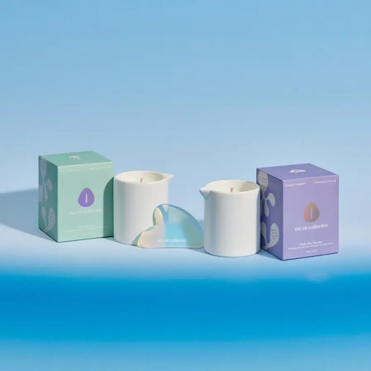 Deux bougies blanches en pots, avec boîtes verte et violette, cœur iridescent, bougie de massage avec pierre gua