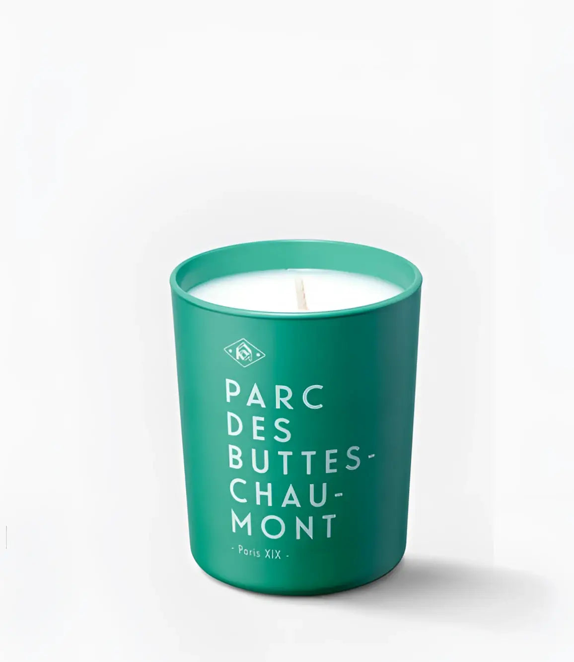 Bougie Parc des Buttes-Chaumont 190g : pot verre teal, cire blanche, ambiance apaisante