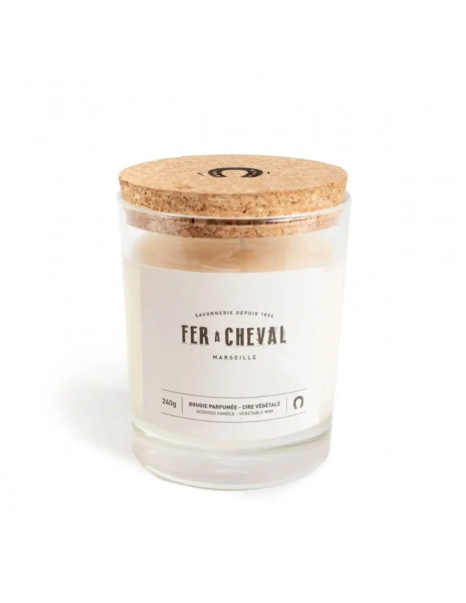 Bougie parfumée 100% cire végétale 240g en verre transparent avec bouchon liège