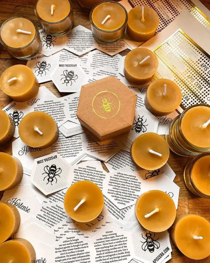 Bougies chauffe-plat rondes en cire d’abeille pure dorée, lumière douce