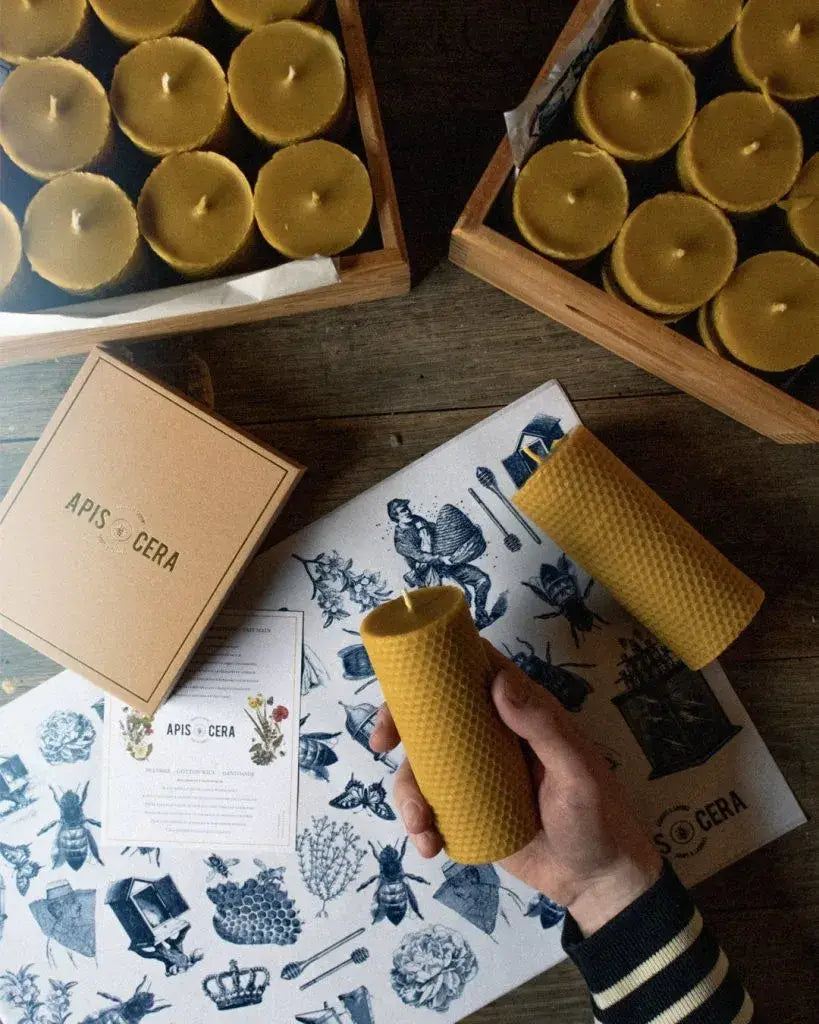 Bougies en cire d’abeille Ambroise : tealights et piliers roulés en écrin raffiné