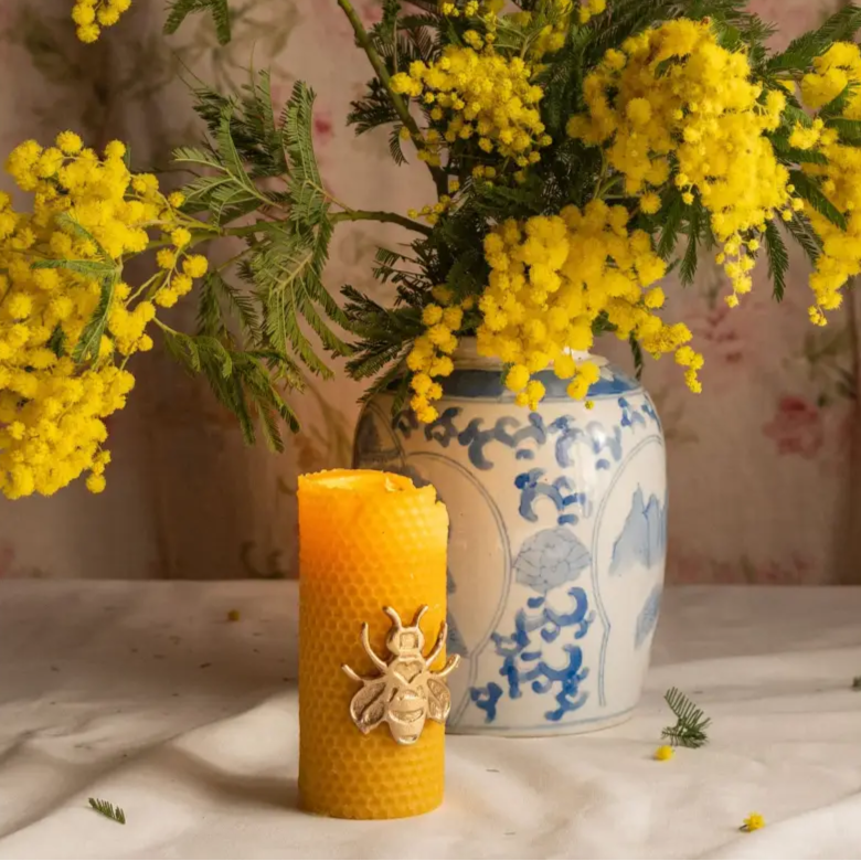 Bougies en cire d’abeille Ambroise avec abeille, texture jaune, boîte de 2