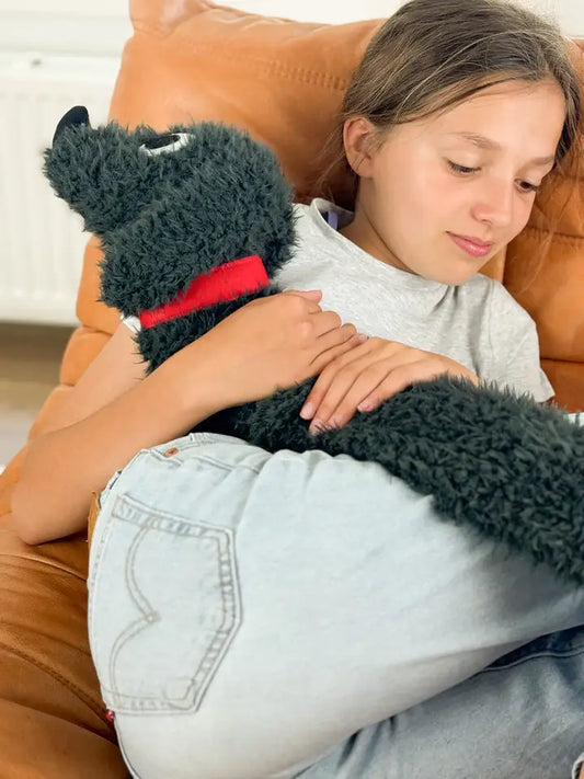 Jeune fille et bouillotte teckel moelleux chien allongé chaleur douce