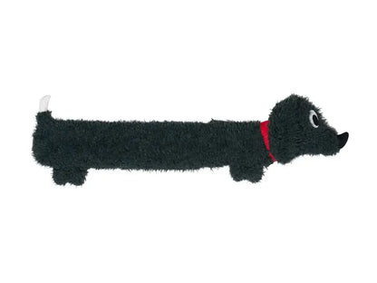 Bouillotte teckel moelleux : chien allongé en peluche verte avec collier rouge