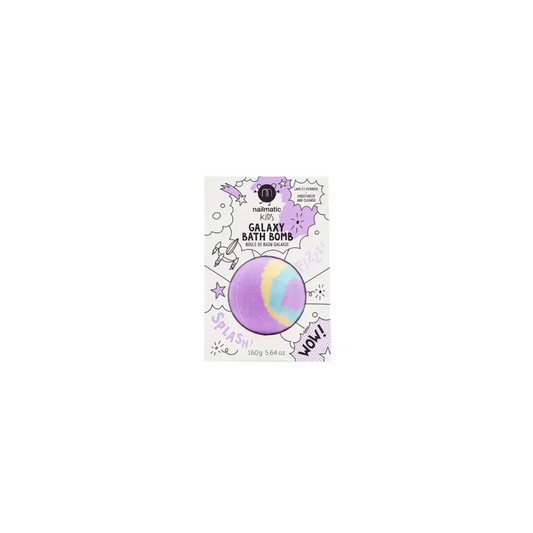 Boule de bain galaxie violet jaune bleu dans une boîte blanche, bain galaxie violet