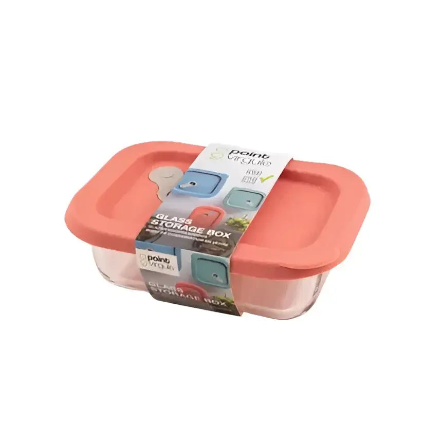 Contenant verre rectangulaire 320ml avec couvercle silicone rose et évent vapeur