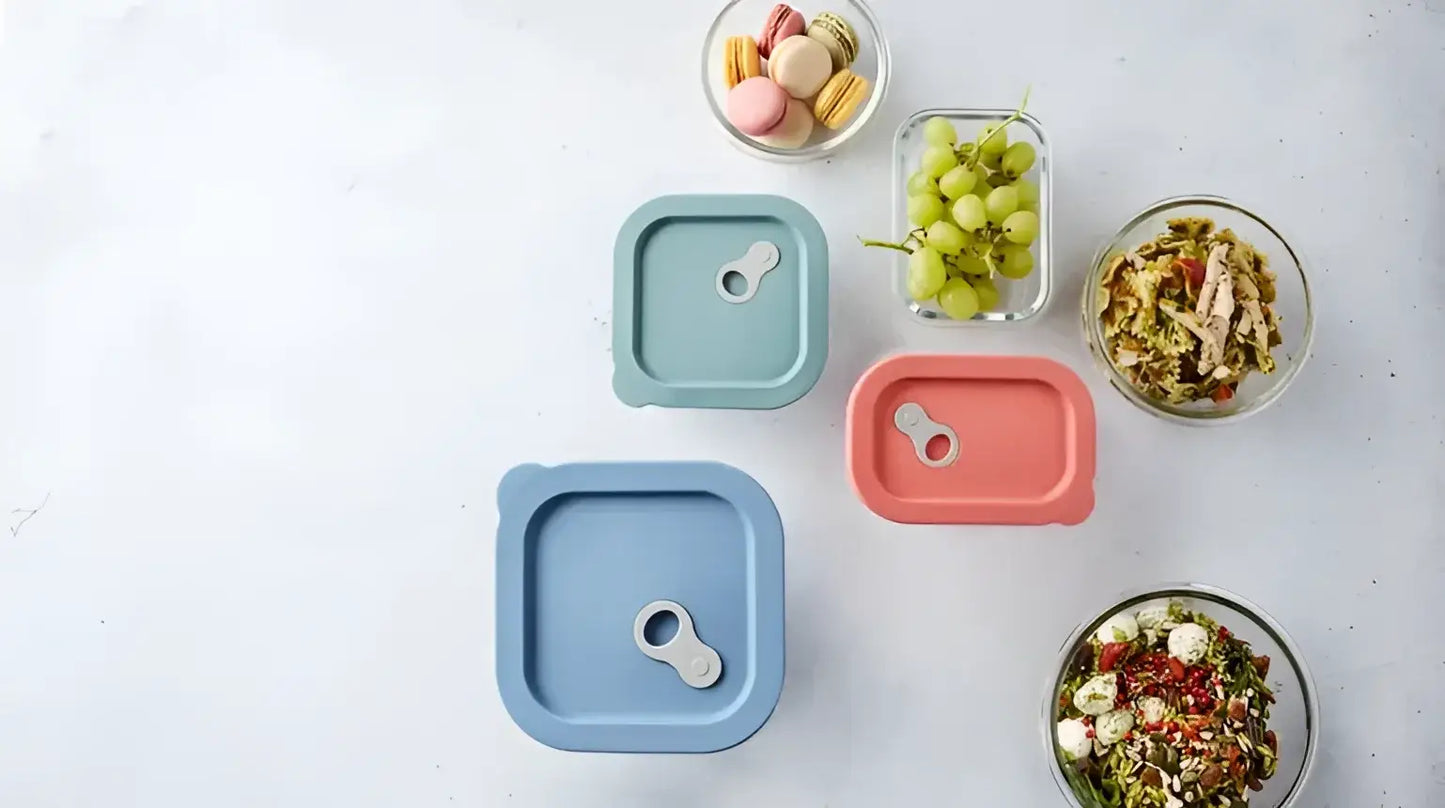 Bouteille alimentaire rectangulaire en verre 320ml avec couvercle silicone rose et évent vapeur