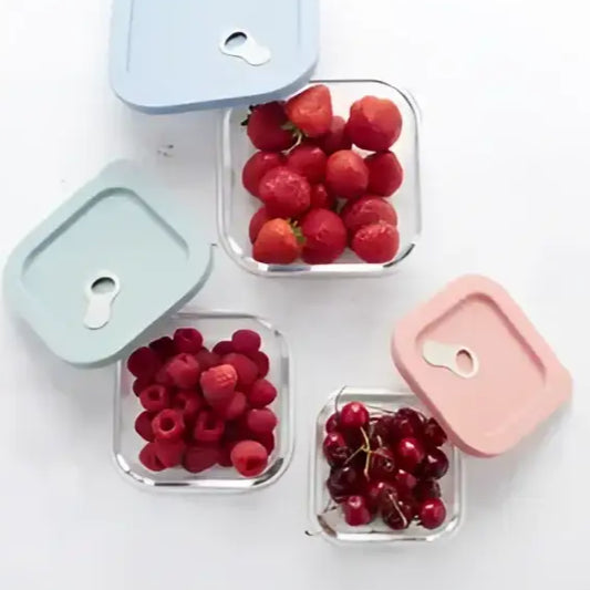 Contenants en verre avec couvercle hermétique silicone rose 300ml et fruits frais