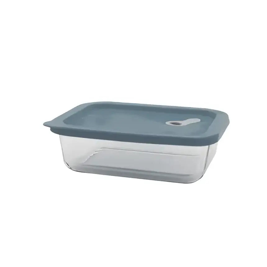 Contenant verre trempé rectangulaire 1L avec couvercle silicone bleu clair étanche